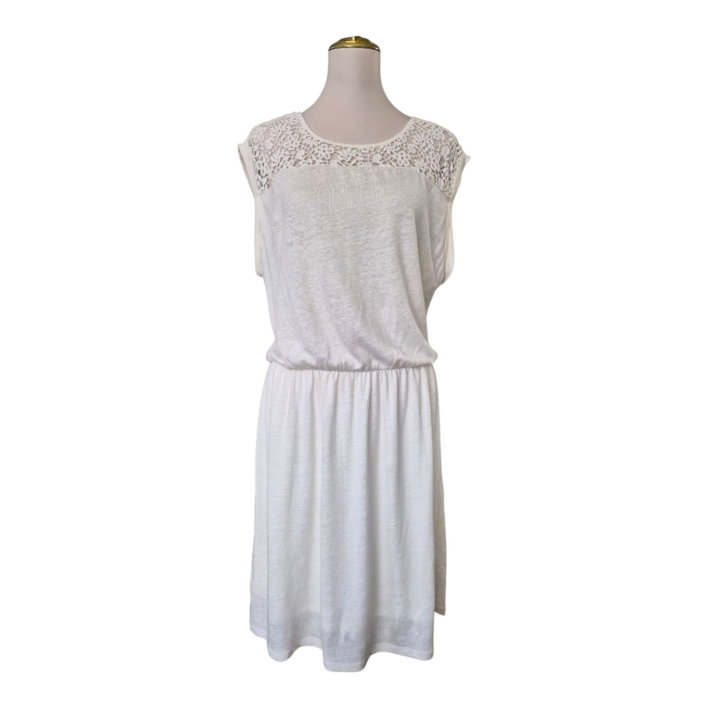 Boden White Crochet Yoke Linen Blend Summer Dress Women’s Size 12R Sleeveless